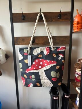 Rope-Handle Canvas Tote with Red Mushroom Print